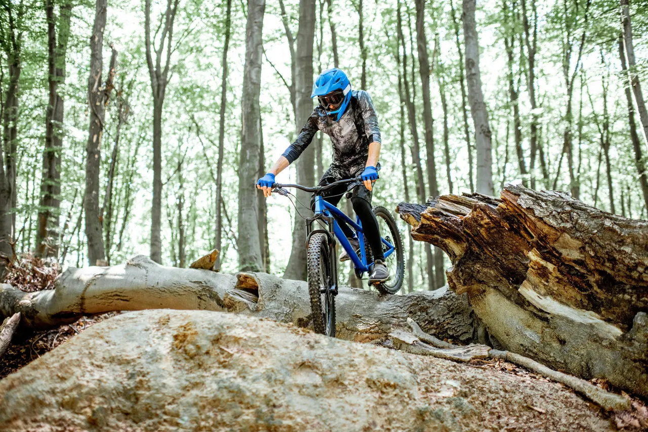 A cyclist in a blue helmet and matching gear carefully rides a mountain bike along the top of a massive fallen tree trunk in the woods.