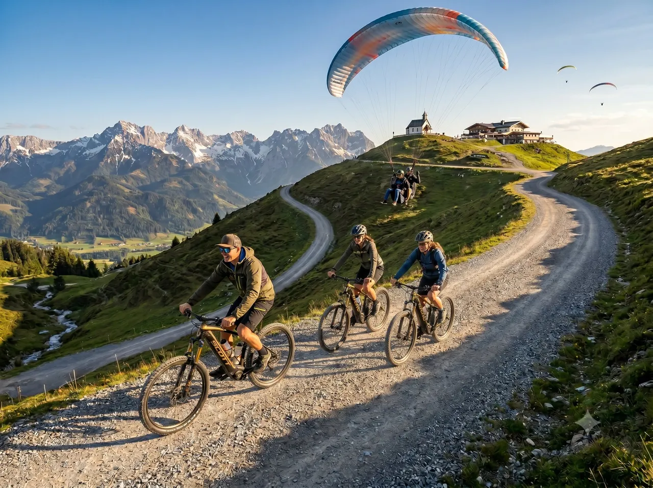 Three mountain bikers riding a gravel ridge trail in the Alps while a tandem paraglider launches nearby, with a small chapel, mountain lodge, and snow-capped peaks in the background