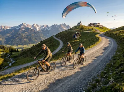 Three mountain bikers riding a gravel ridge trail in the Alps while a tandem paraglider launches nearby, with a small chapel, mountain lodge, and snow-capped peaks in the background