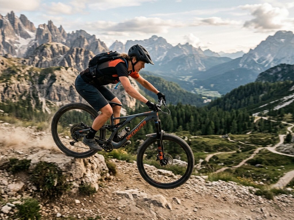 A mountain biker riding down a rocky trail with a breathtaking alpine mountain range in the background.