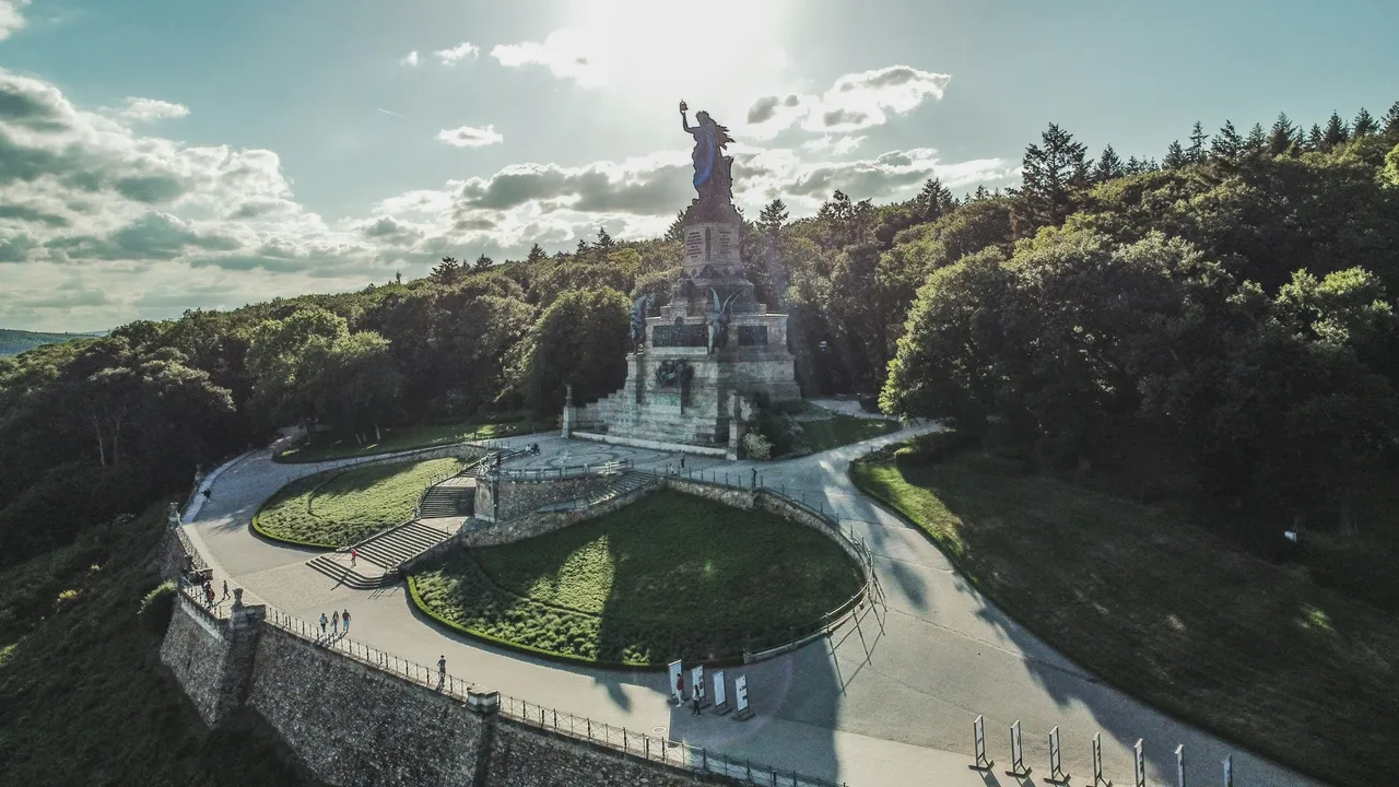 Aerial view of the Niederwald Monument and its Germania statue above Rüdesheim am Rhein