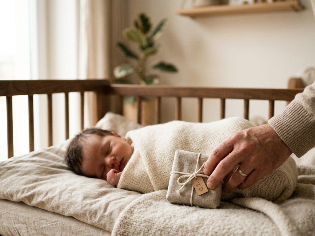 A peaceful newborn baby sleeping in a crib next to a small, hand-wrapped gift.