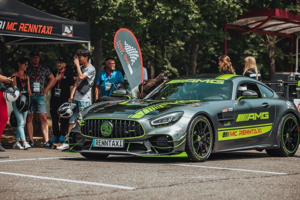 People standing around a racing car