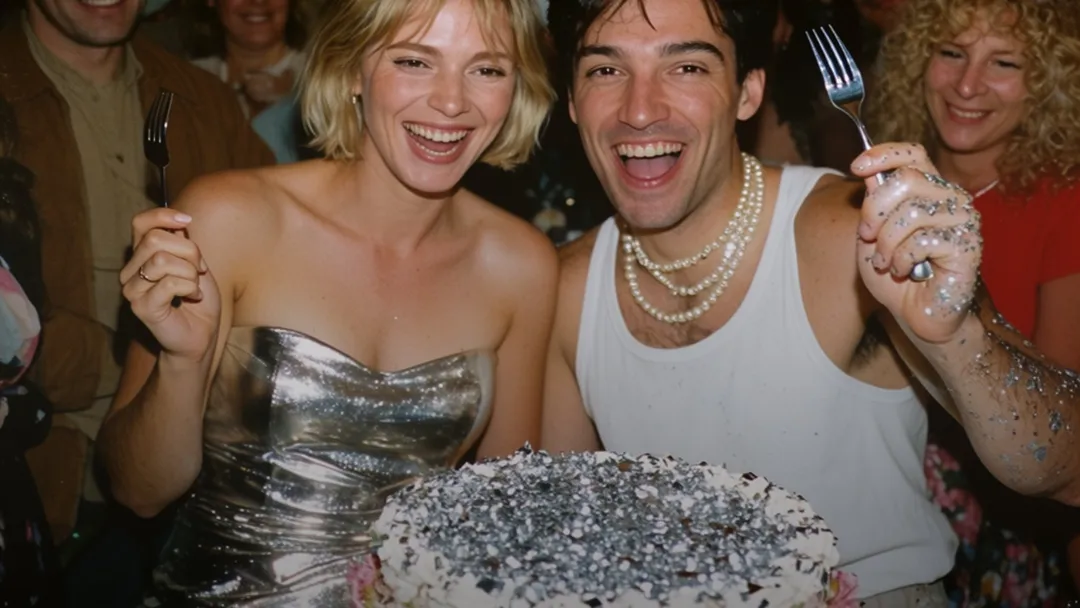 Two people laughing over a cake
