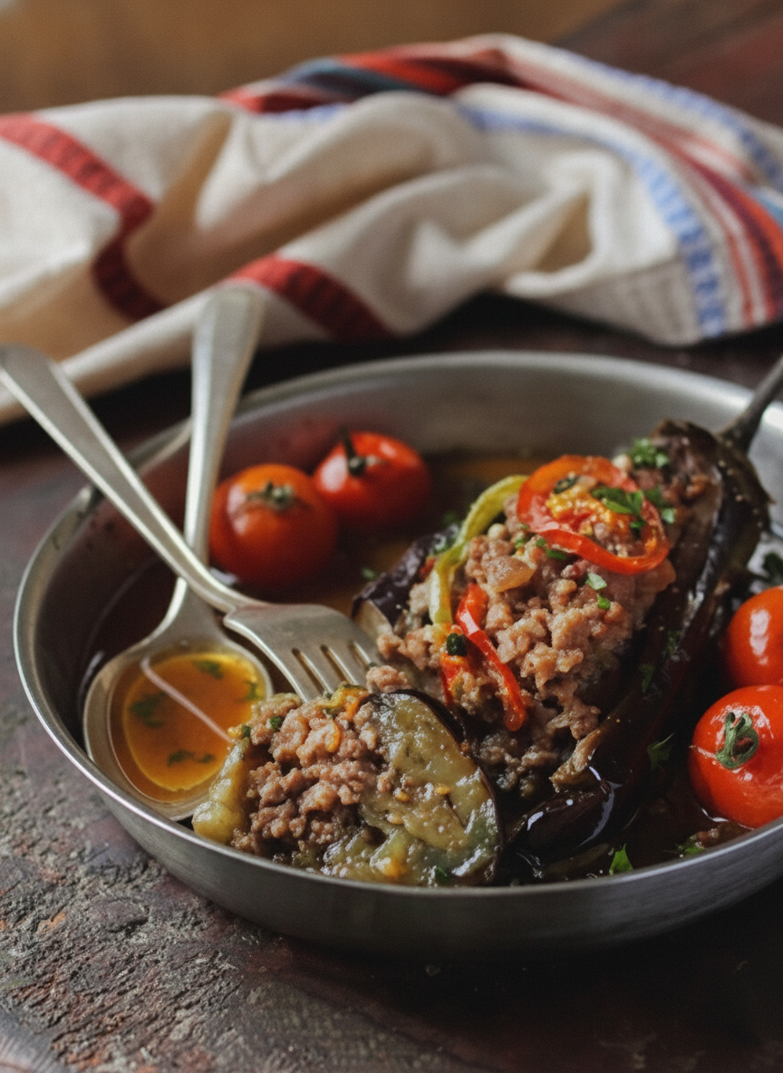 Oriental stuffed aubergine with minced meat, peppers and cherry tomatoes in a pan