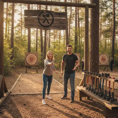 Two people throwing an axe