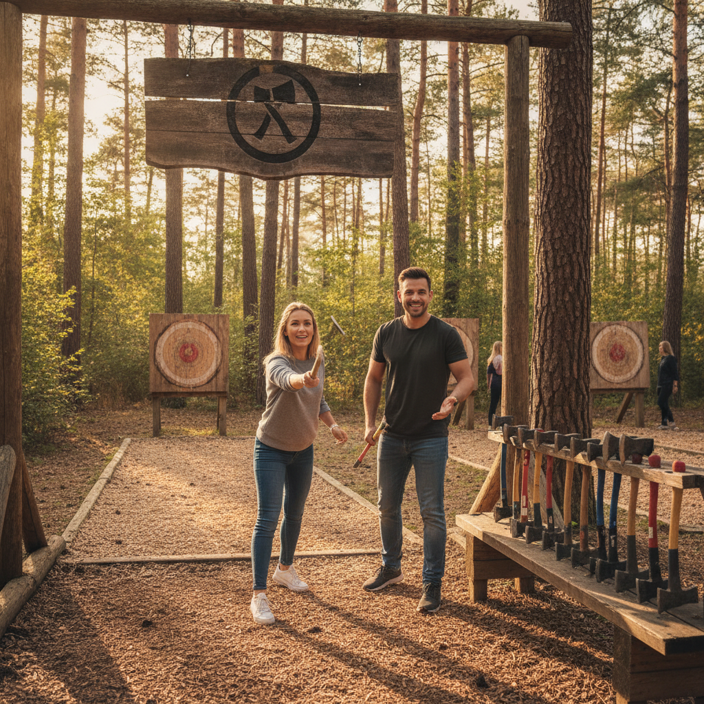 Two people throwing an axe