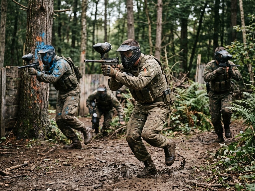 Players in camouflage gear competing in an action-packed paintball game