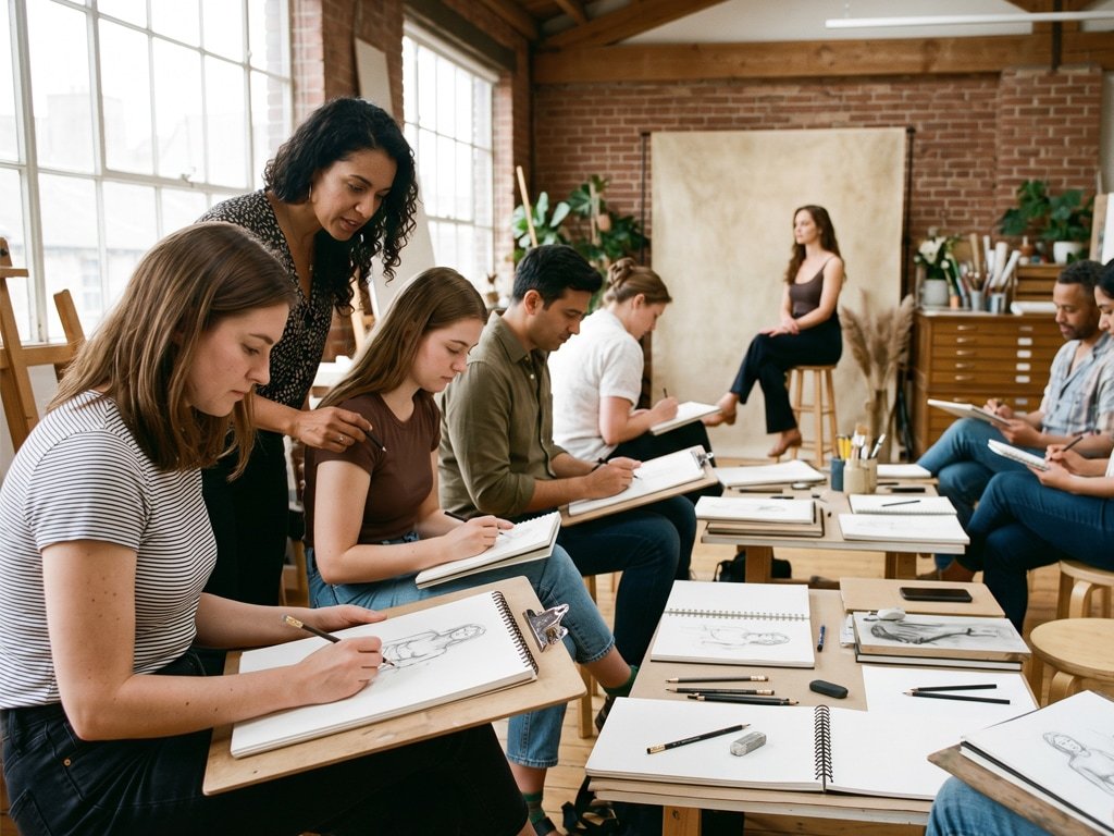 Participants painting on canvases during an art class