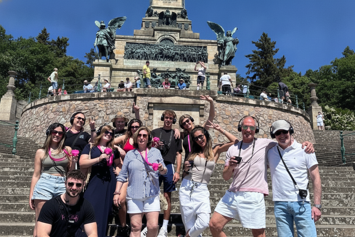 Cheerful tour group with headphones and wine glasses poses on the steps of the Niederwald Monument above Rüdesheim am Rhein under a clear blue sky.