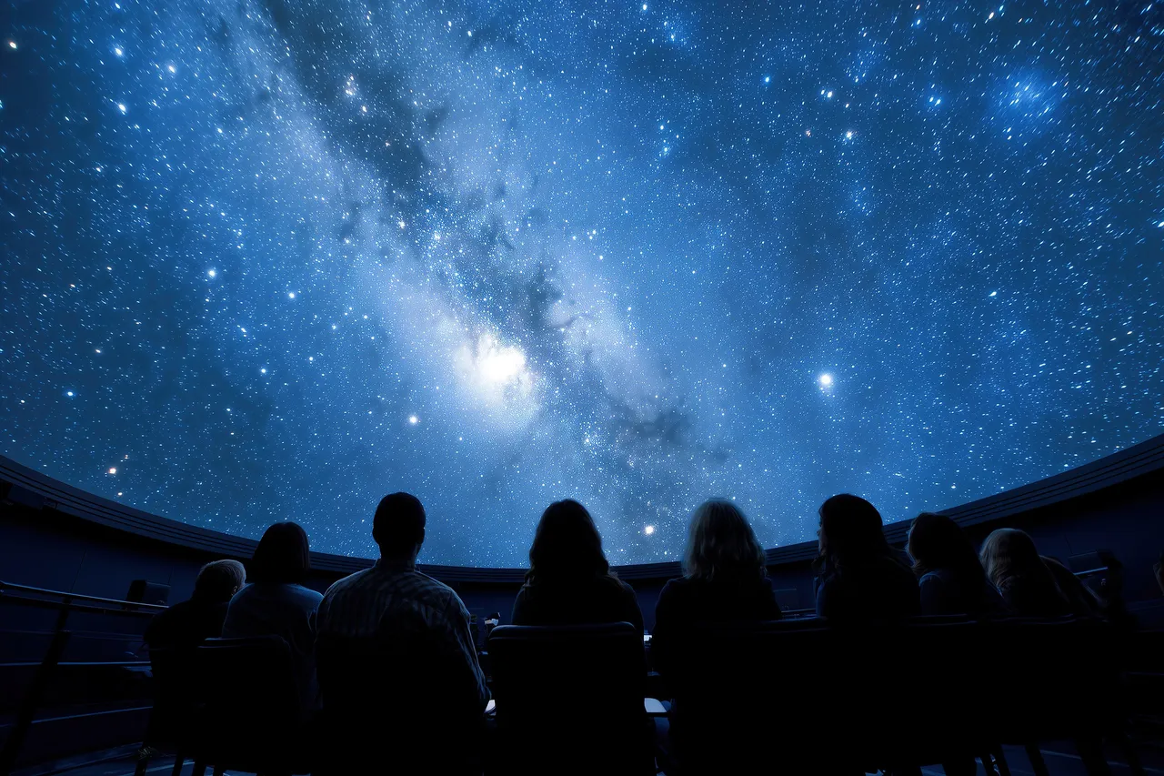 Silhouettes of an audience seated in a dark theater, looking up at a vibrant blue projection of the Milky Way galaxy on a planetarium dome.