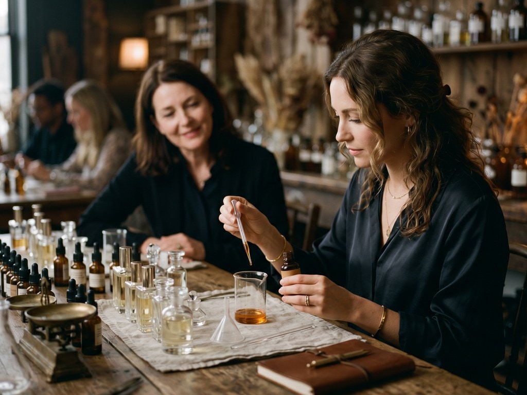 Two women creating custom fragrance blends