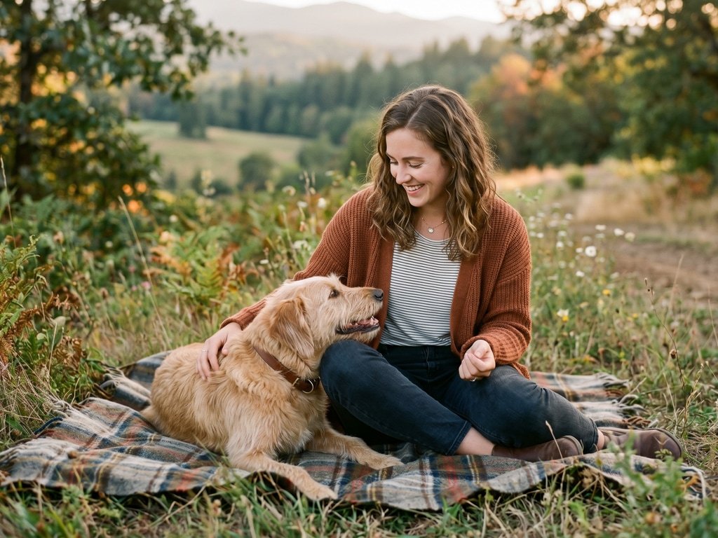 Woman sitting outdoors with her golden retriever
