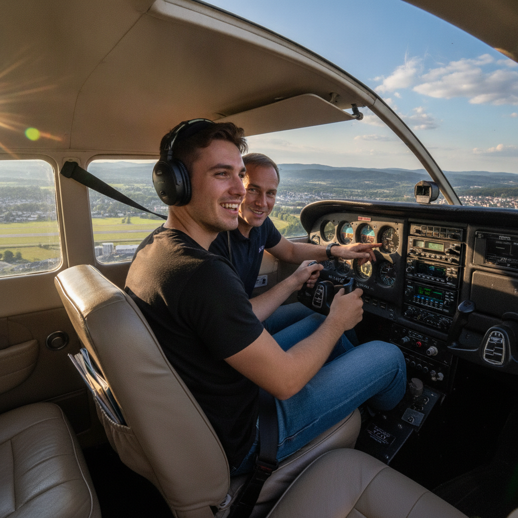 Two people inside the cockpit of a small airplane