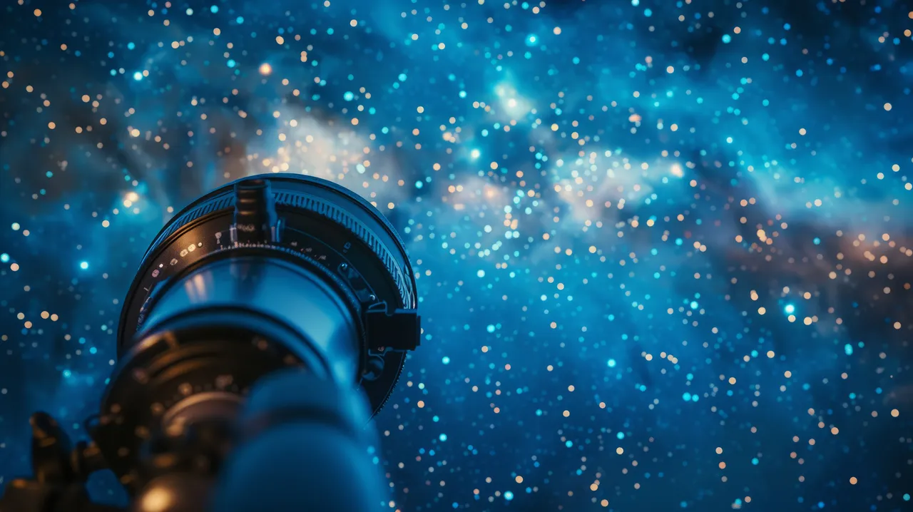 Close-up perspective shot of a planetarium projector lens aimed toward a bright, dense field of projected blue and gold stars.