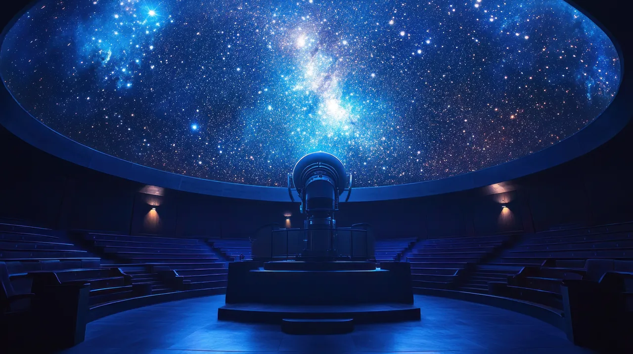 A symmetrical view of a dark, empty planetarium theater featuring a large central star projector casting a bright, dense field of stars and the Milky Way across the domed ceiling.