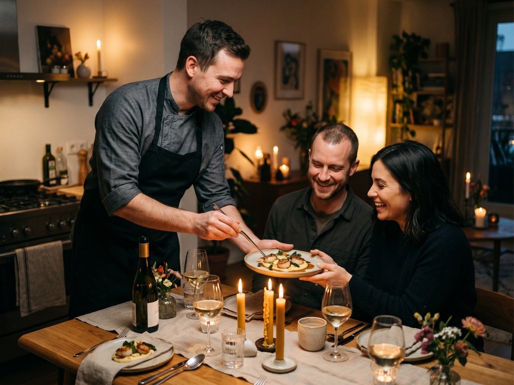 Private chef preparing and serving food at a dinner table