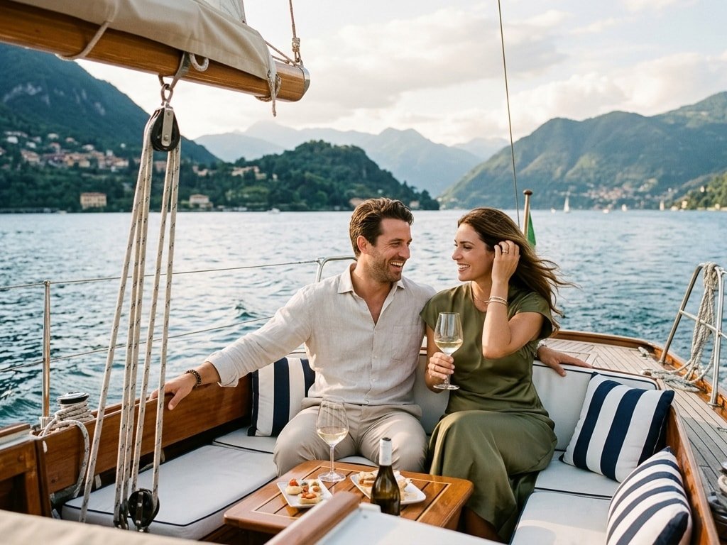 A couple relaxing on a motorboat with white wine and snacks, overlooking a beautiful lake and mountains.