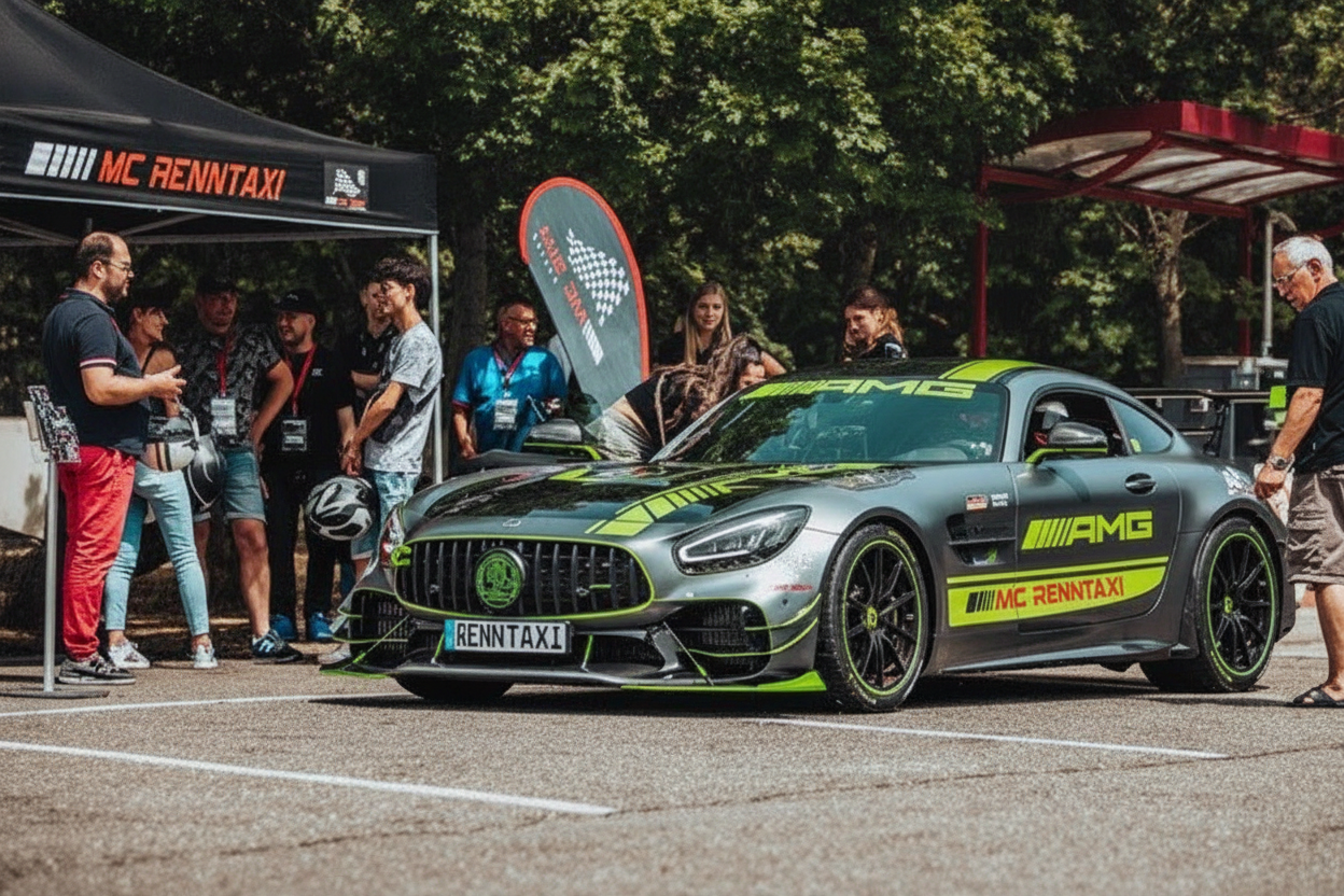 People standing around a racing car