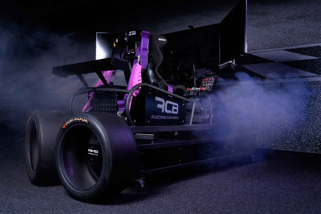 Full-motion racing simulator with bucket seat and slick tyre in a smoky, purple-lit arena