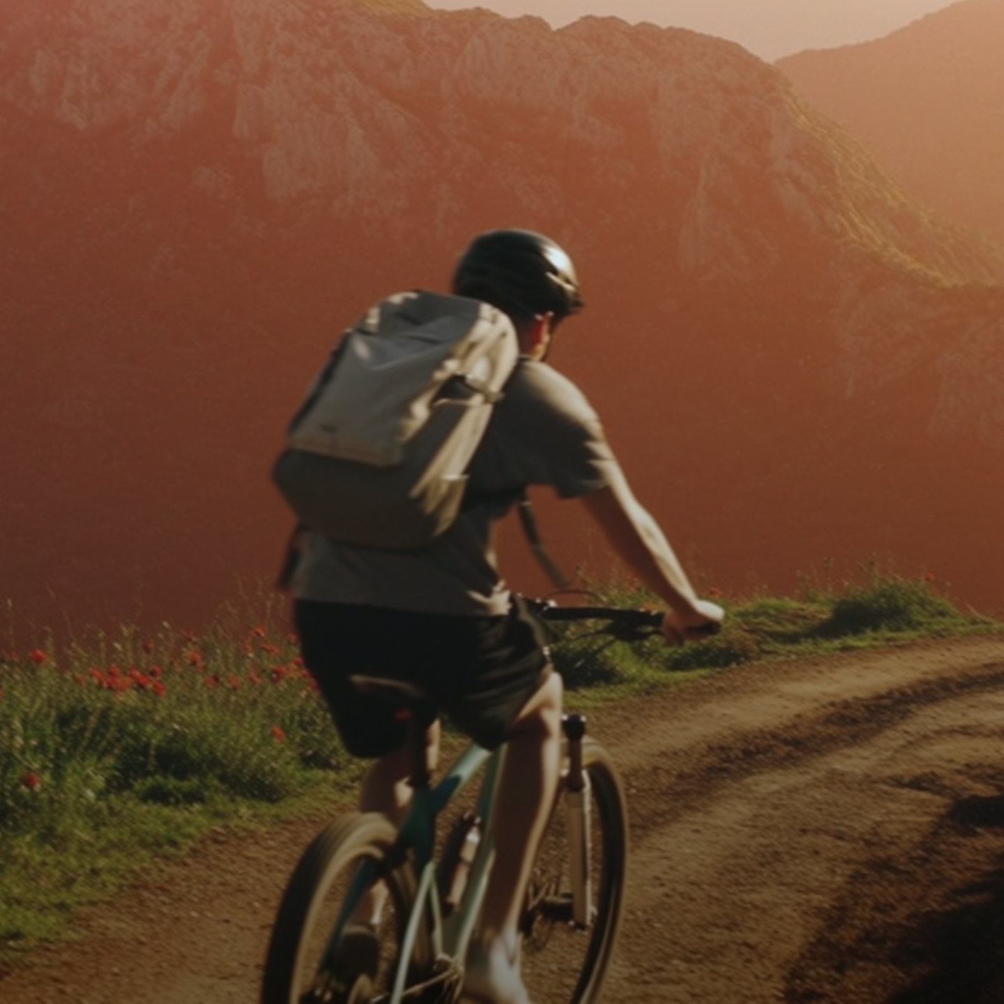 A person on a mountain bike in a mountain region at sunset