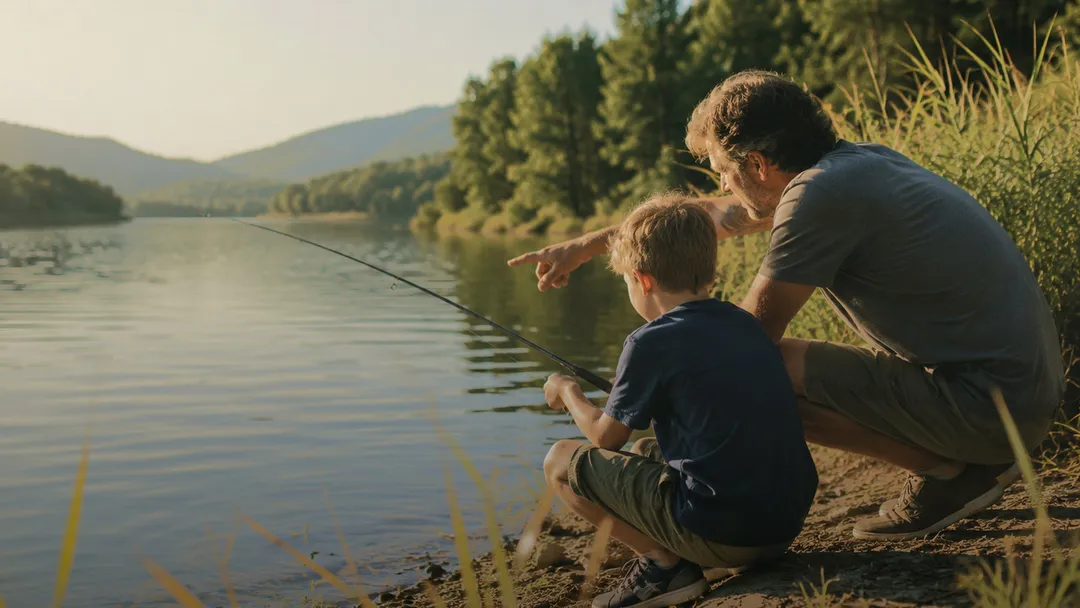 Dad and son fishing at a lake
