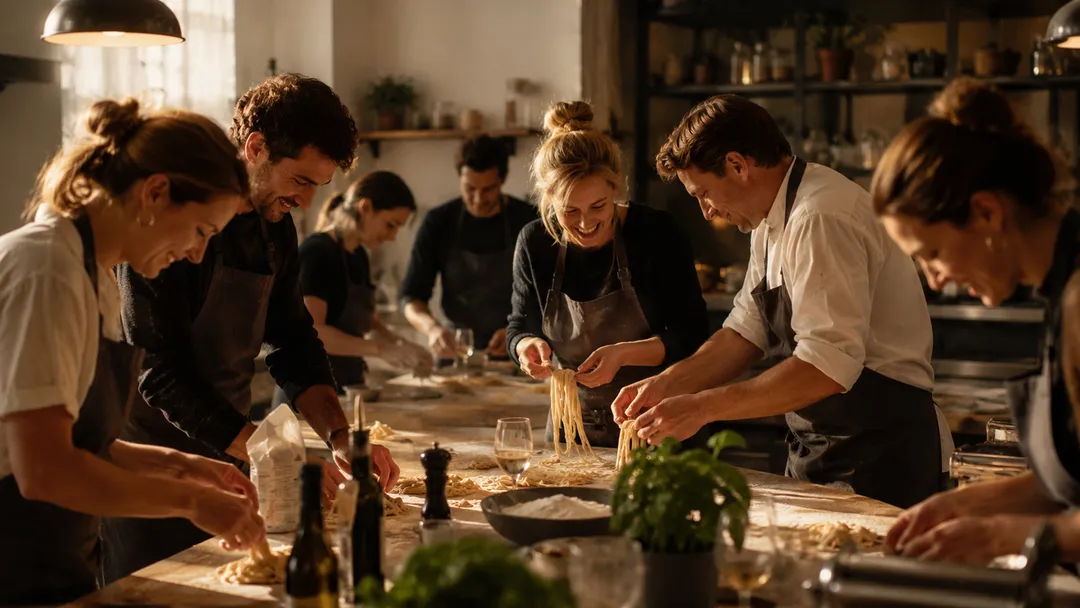 A group of people preparing pasta
