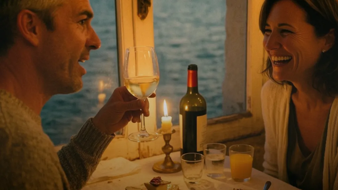 A man holding a wine glas at a romantic dinner