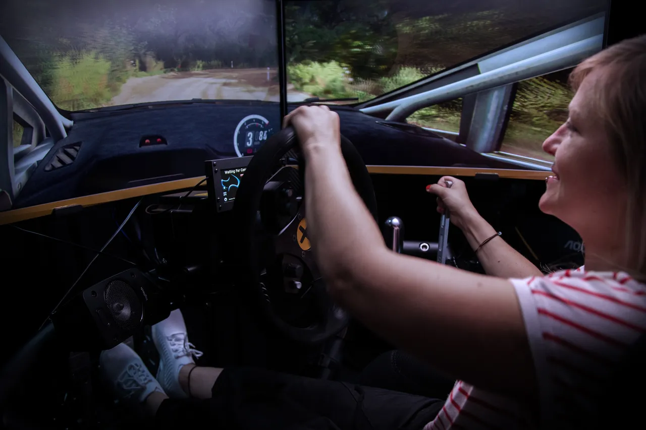 A woman in a racing simulator