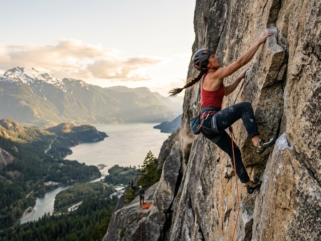 A woman rock climbing on a steep cliff with a scenic mountain and lake panorama at sunset.