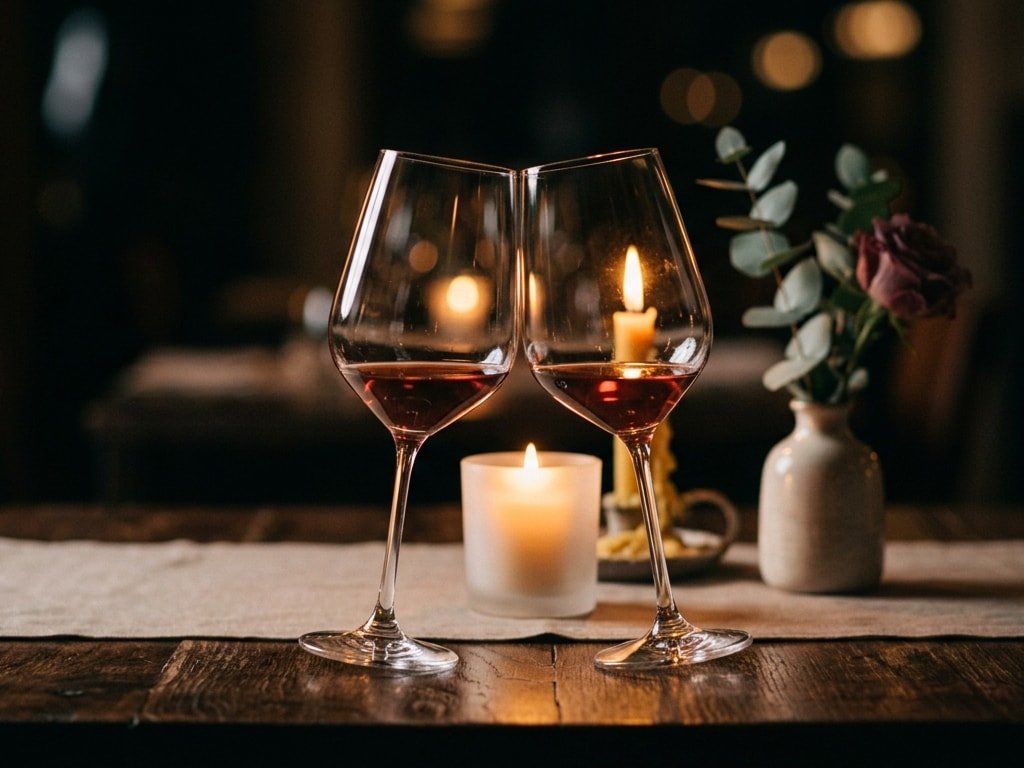 Two glasses of red wine clinking together during a romantic candlelit dinner for two.