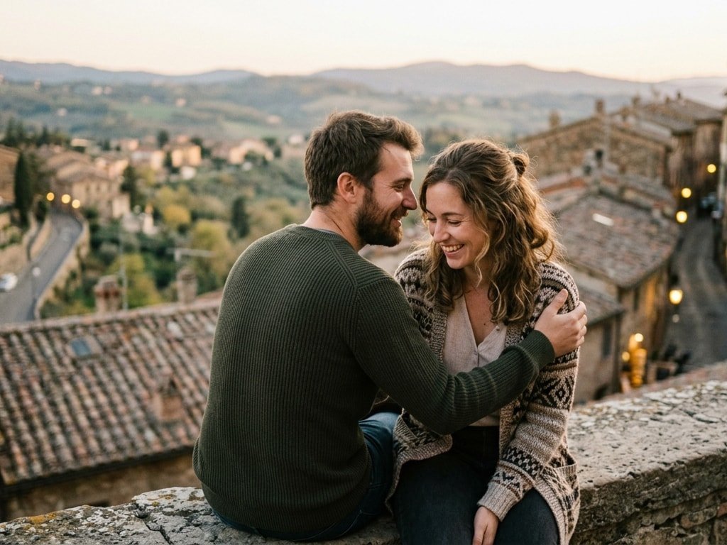 A couple embracing while looking out over the rooftops of a beautiful historic Italian town.