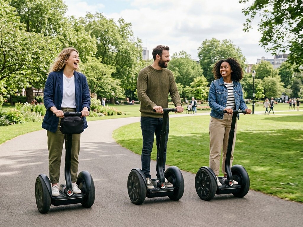 Three people riding segways through a green city park on a sunny day.
