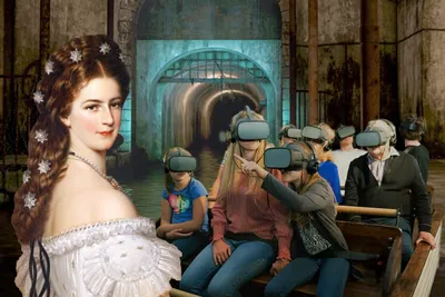 Visitors wearing VR headsets on a boat ride through an underground tunnel, with a portrait of Empress Elisabeth (Sisi) in the foreground.