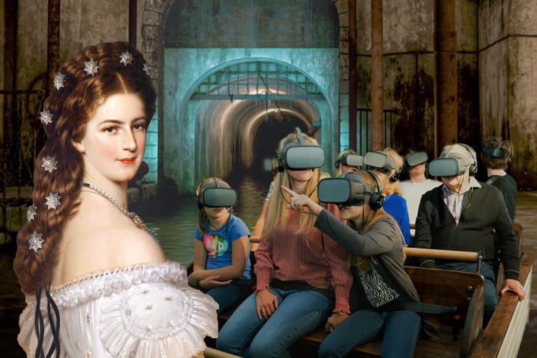 Visitors wearing VR headsets on a boat ride through an underground tunnel, with a portrait of Empress Elisabeth (Sisi) in the foreground.
