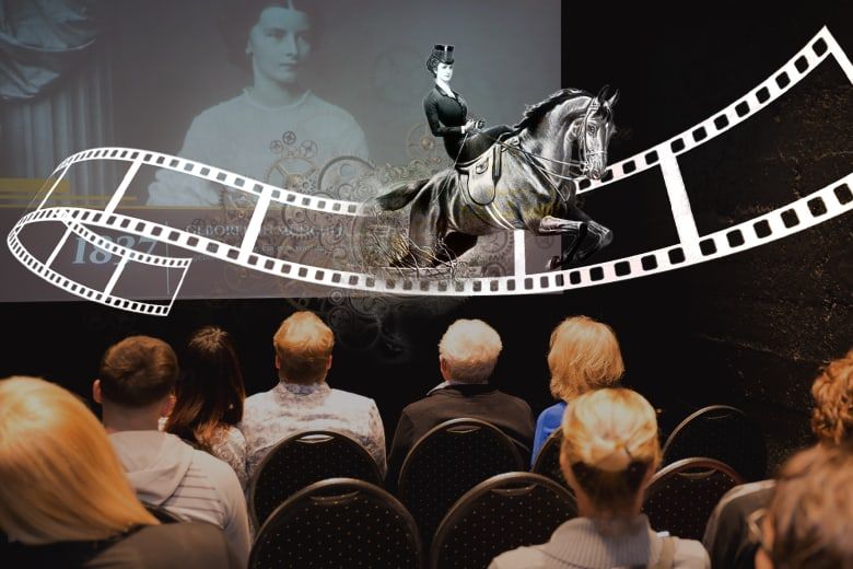 Audience watching a cinema screen showing an old photograph and a horseback rider, framed by a film-strip graphic.