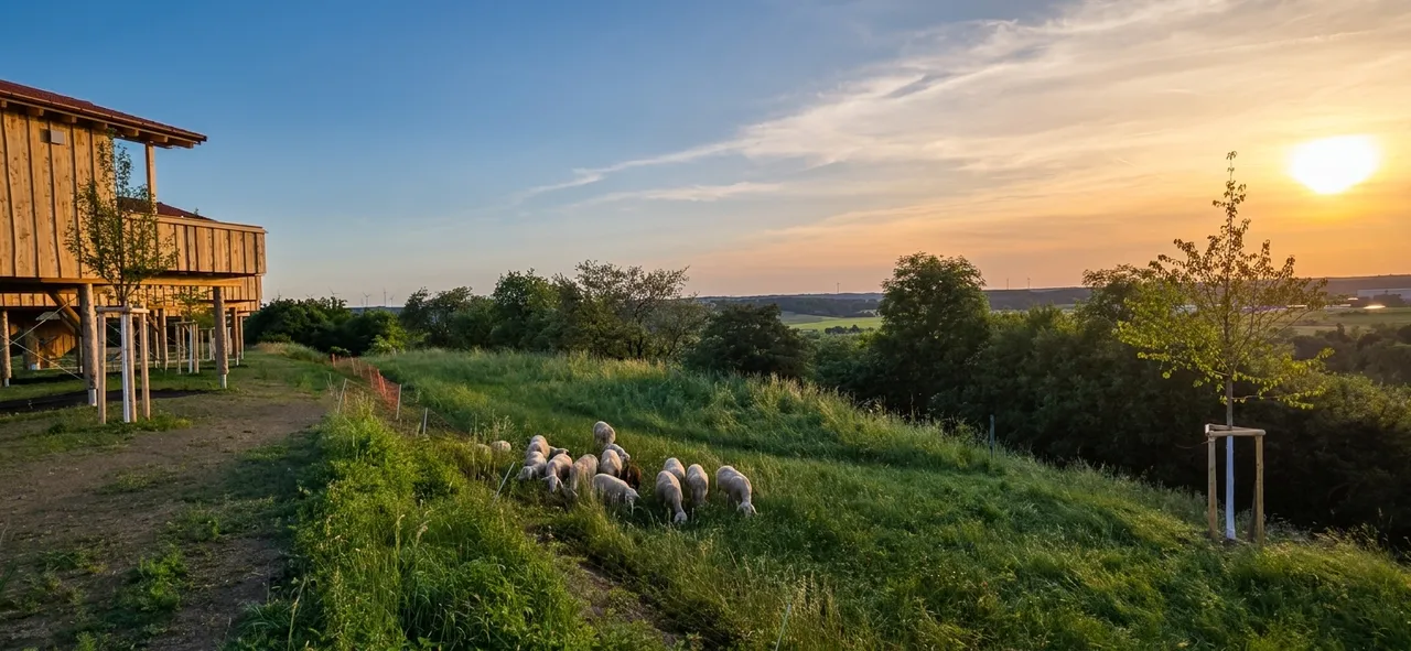 Flock of sheep grazing on a grassy hillside next to a wooden stilt chalet at sunset over the countryside