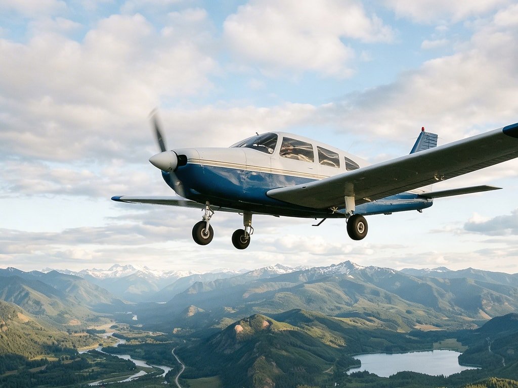 A blue and white propeller plane flying over a vast mountain landscape with snow-capped peaks.