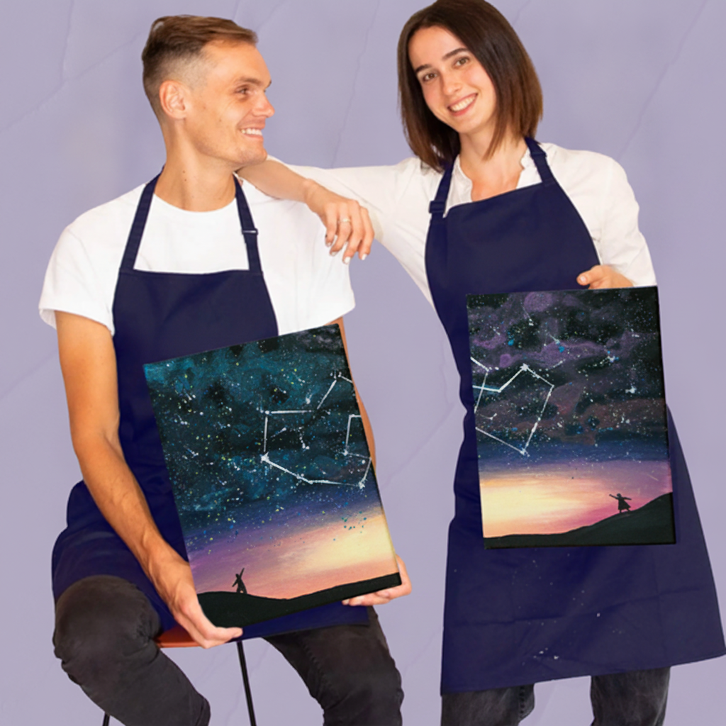 Two people standing and showing their canvas to us.