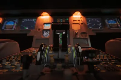 Flight simulator: cockpit with throttle levers and instruments