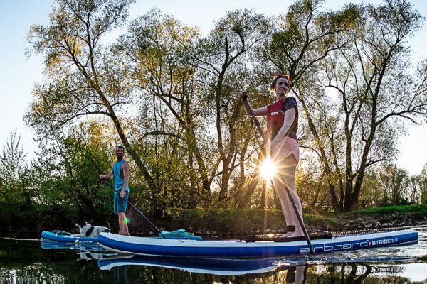 Two people on a SUP at setting sun