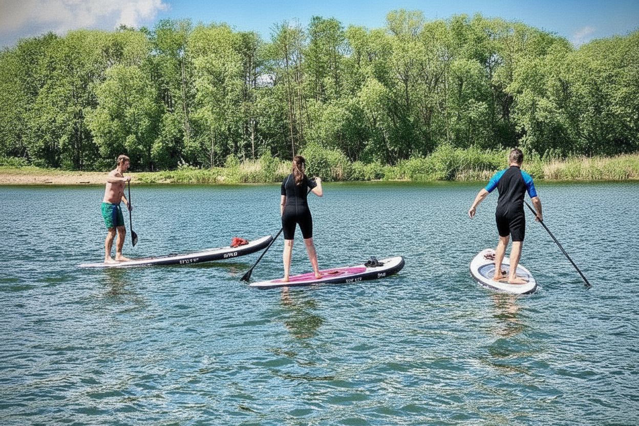 Three people on SUP boards on a lake