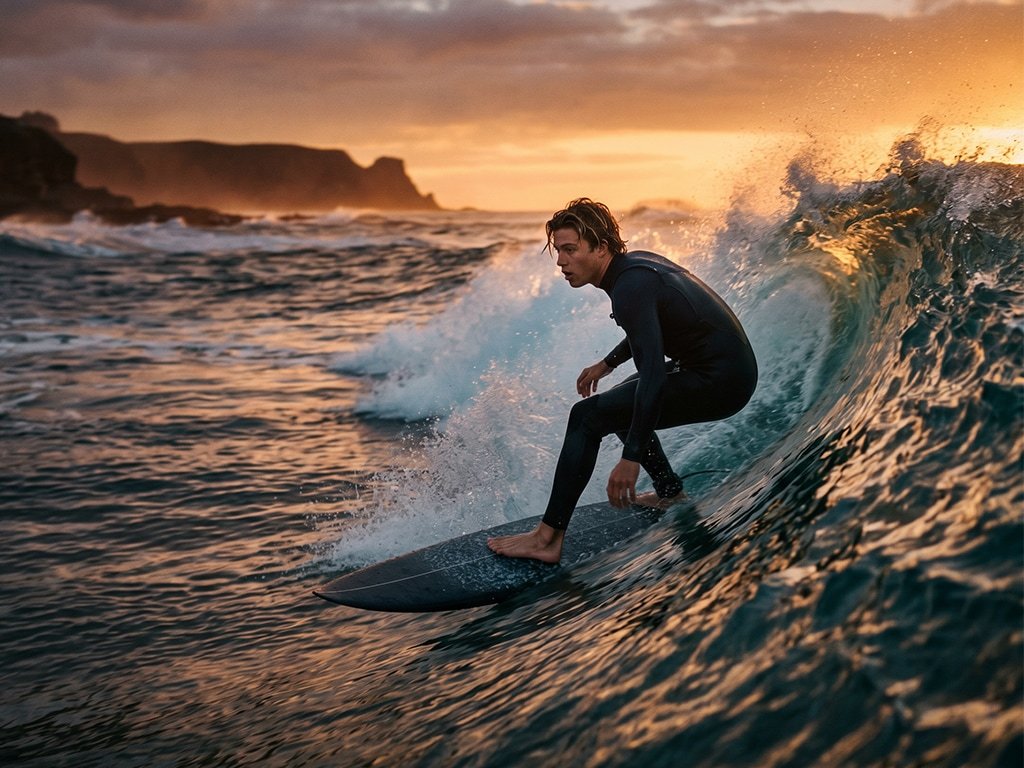 Surfer riding a large ocean wave at sunset