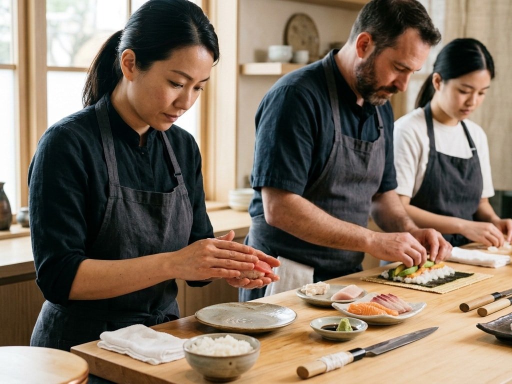 Participants in a cooking class learning how to roll fresh sushi with salmon and avocado.