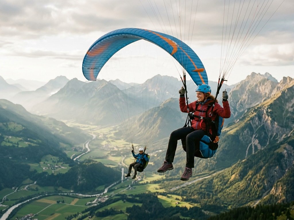 A person paragliding high above a lush green mountain valley under a blue and orange canopy.