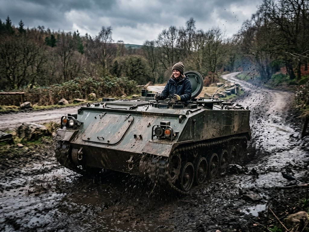 Military tank crossing a muddy river