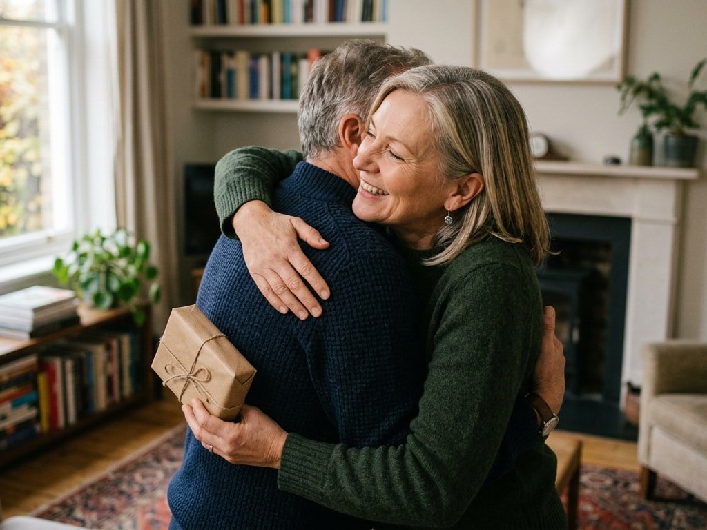 An older woman hugging a man while holding a small gift to say thank you.