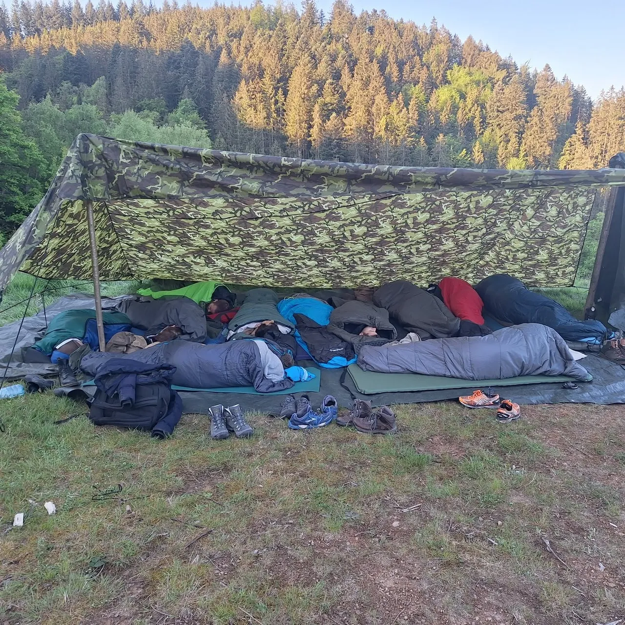 Aerial view of an organized campsite with camouflage tarp shelter, multiple sleeping bags arranged underneath, and outdoor gear positioned in a forest clearing