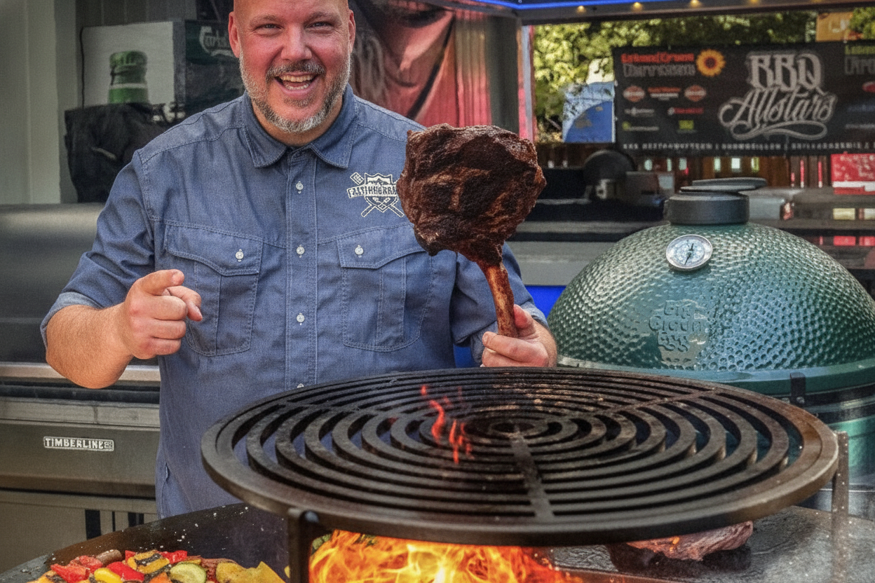Person holding up a steak over a bbq workshop