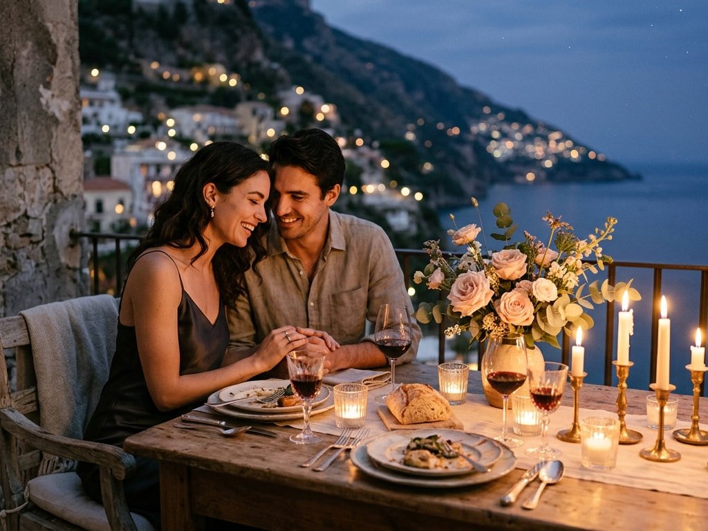 A couple holding hands during a romantic dinner on a balcony overlooking the Amalfi Coast at night.